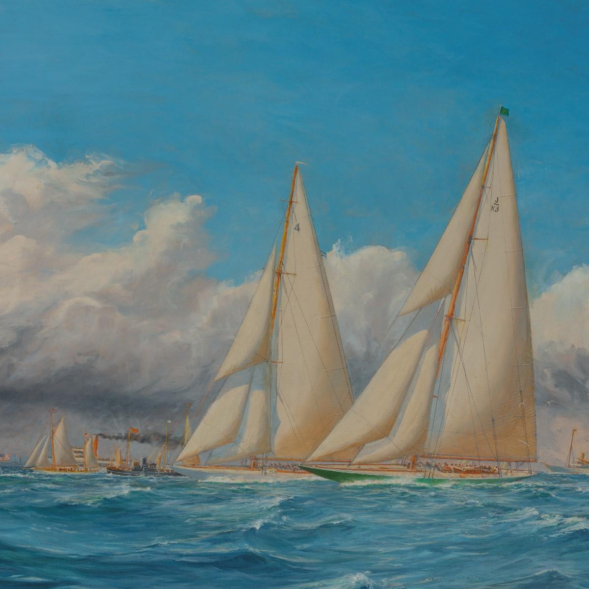 A rare painting by Harold Wyllie of 1930 America’s Cup racing off Newport, Rhode Island, oil on canvas, signed ‘Harold Wyllie’, in a moulded giltwood frame. English, circa 1930.

Provenance: Deaccessioned from the Ulster Museum,