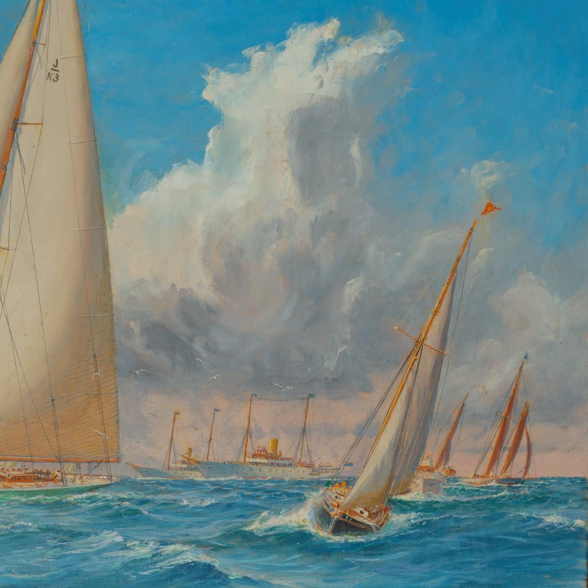 Rare Painting of 1930 America’s Cup Racing off Newport, Signed ‘Harold Wyllie 1