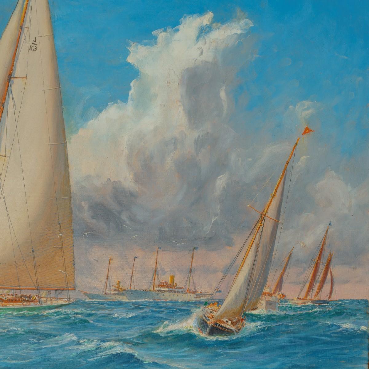 Peinture rare de la Coupe de l'America de 1930 au large de Newport, signée Harold Wyllie en vente 1