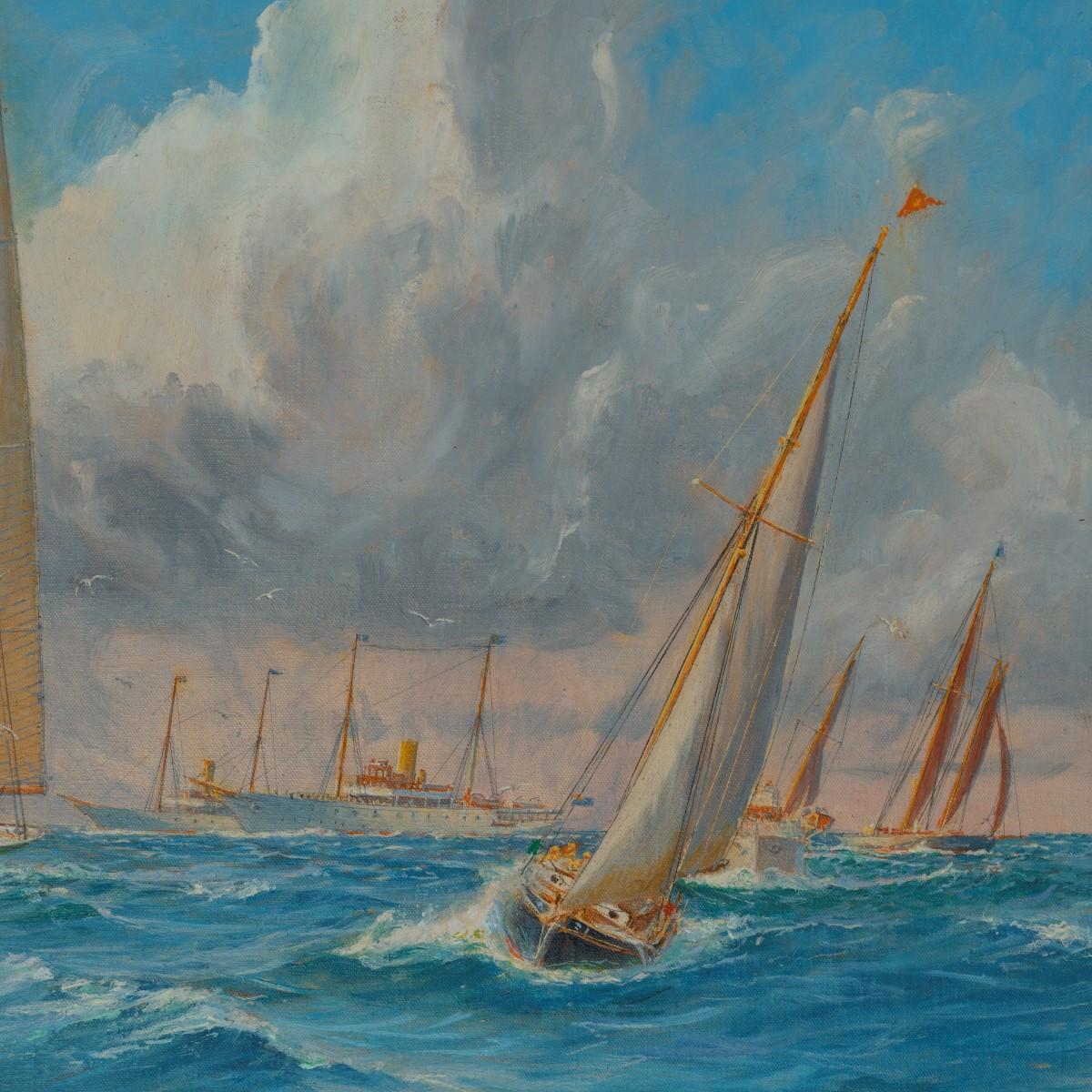 Rare Painting of 1930 America’s Cup Racing off Newport, Signed ‘Harold Wyllie For Sale 4