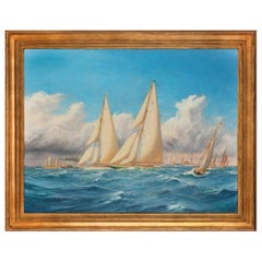 Raro dipinto della Coppa America del 1930 in regata al largo di Newport, firmato 'Harold Wyllie