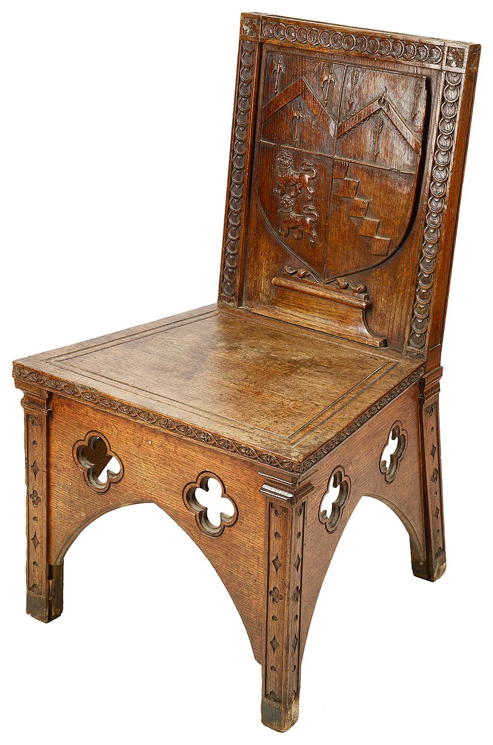 A rare pair of 18th century oak hall chairs made for col Ralph congreve of aldermaston manor/court.

Each having heraldic family crests.
Aldermaston manor/court berkshire:
1, Congreve family inheritance (1752–1843)

 

 The Congreve coat of arms
In