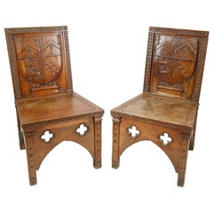 Rare Pair 18th Century Oak Hall Chairs
