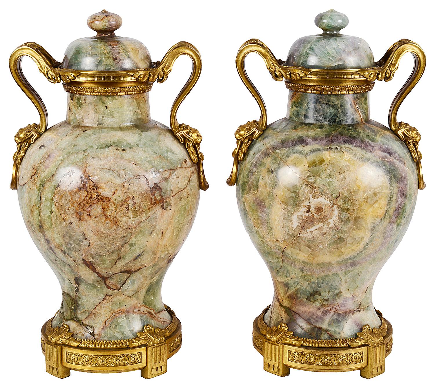 Neoclassical Rare Pair of 18th Century Quartz, Ormolu Mounted Vases, circa 1780 For Sale