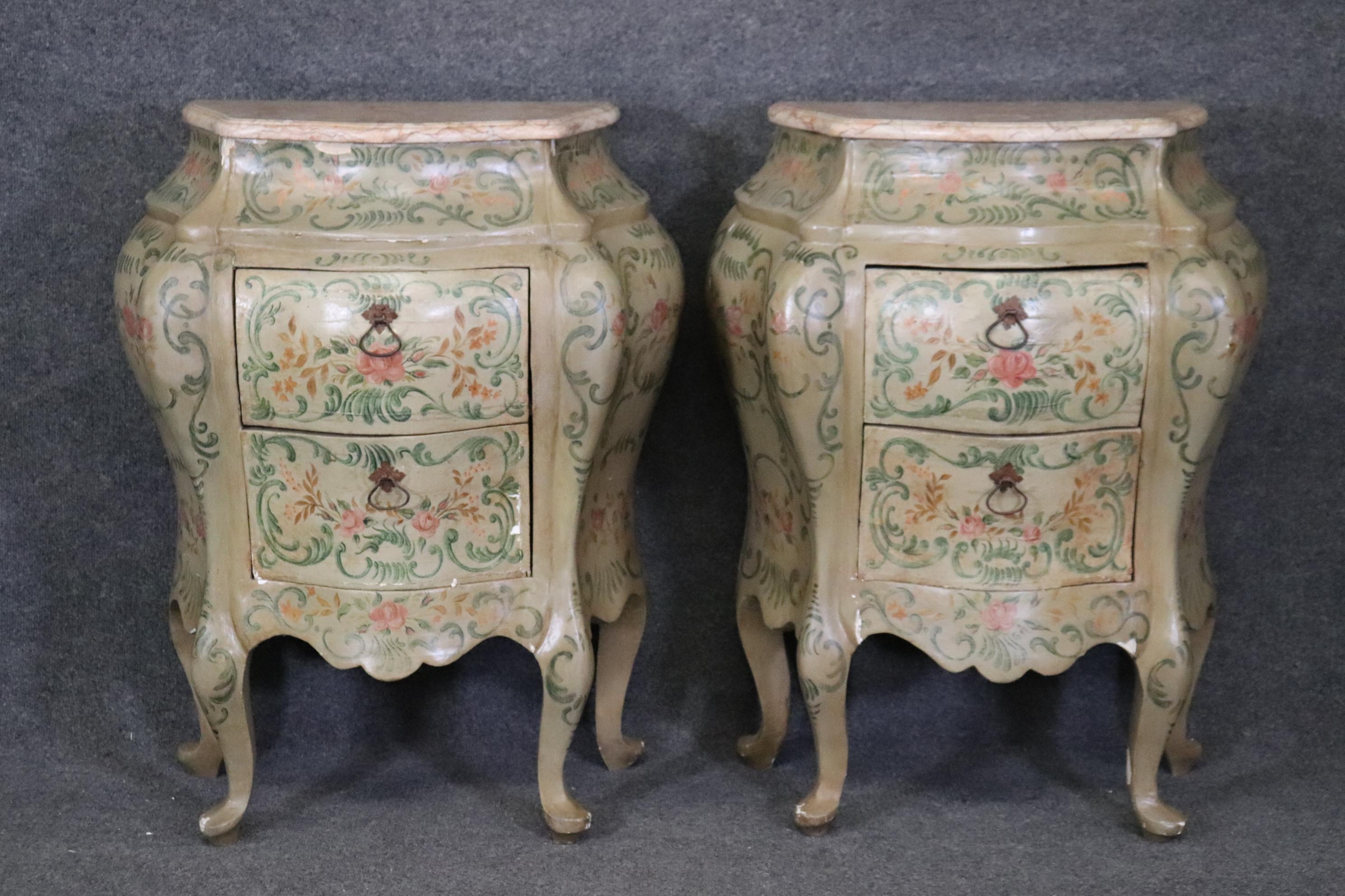 Rococo Rare Pair 18th Century Venetian Paint Decorated Marble Top Commodes Nightstands  For Sale