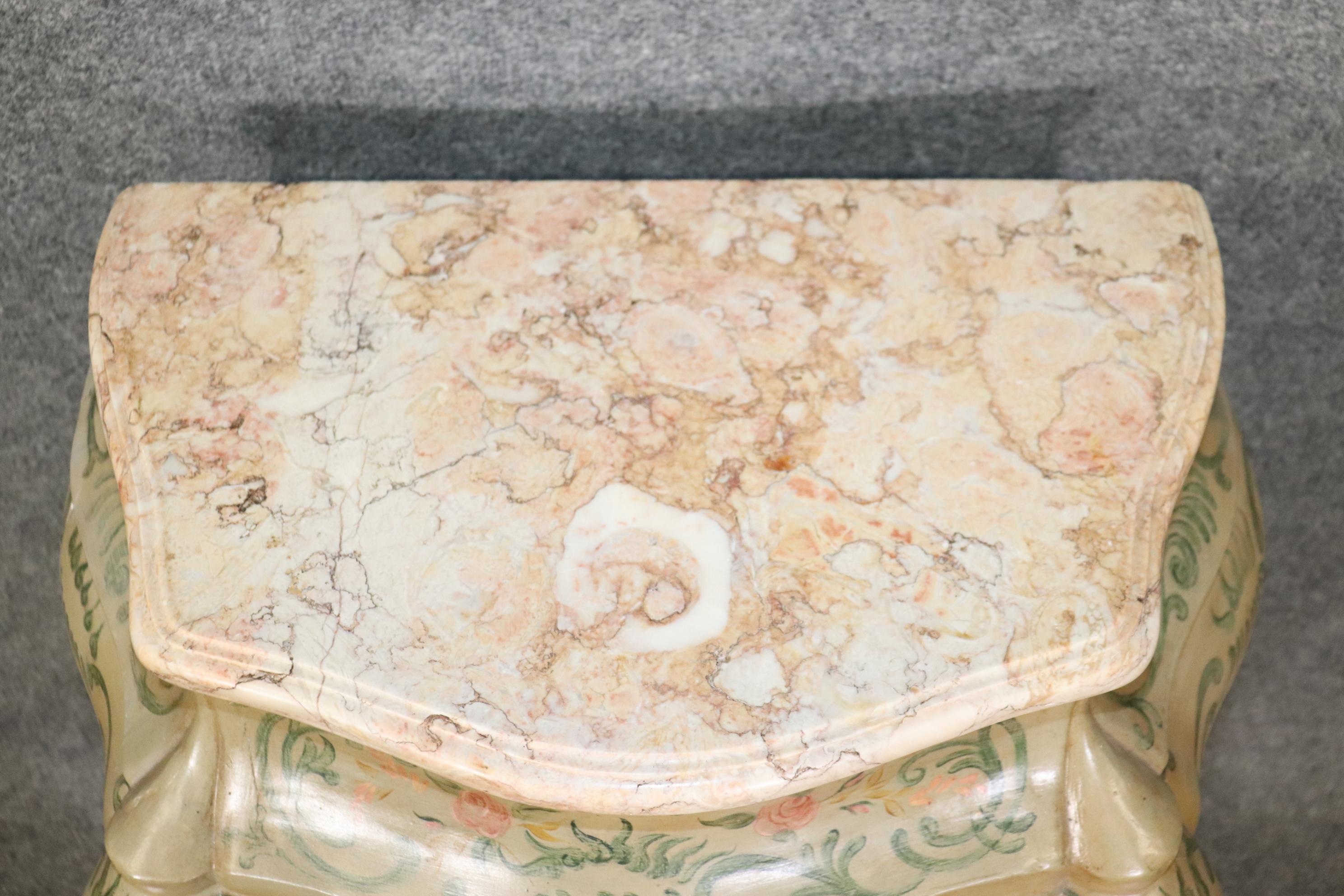 Rare Pair 18th Century Venetian Paint Decorated Marble Top Commodes Nightstands In Good Condition For Sale In Swedesboro, NJ