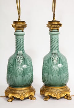 Rare Pair 19 C. French Ormolu Mounted Theodore Deck Faience Porcelain Lamps