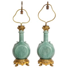Rare Pair 19 C. French Ormolu Mounted Theodore Deck Faience Porcelain Lamps