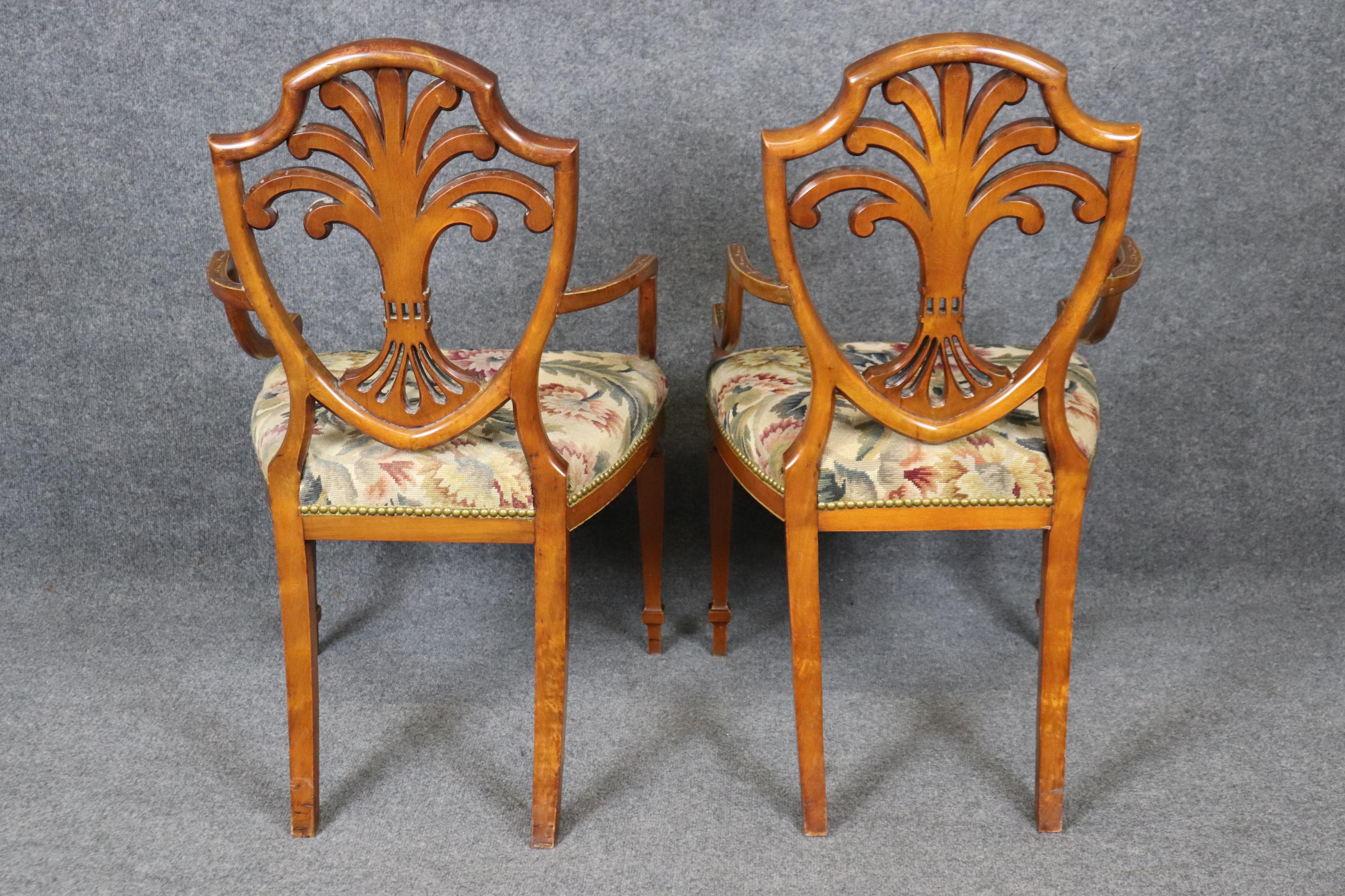 Rare Pair Adams Paint Decorated Peacock Feathers Satinwood Needlepoint Armchairs For Sale 4