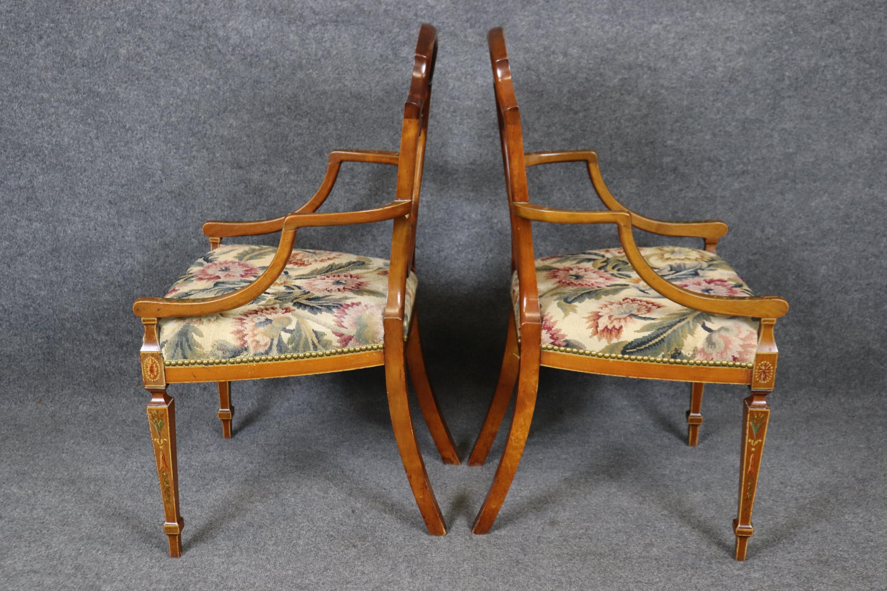 Rare Pair Adams Paint Decorated Peacock Feathers Satinwood Needlepoint Armchairs For Sale 5