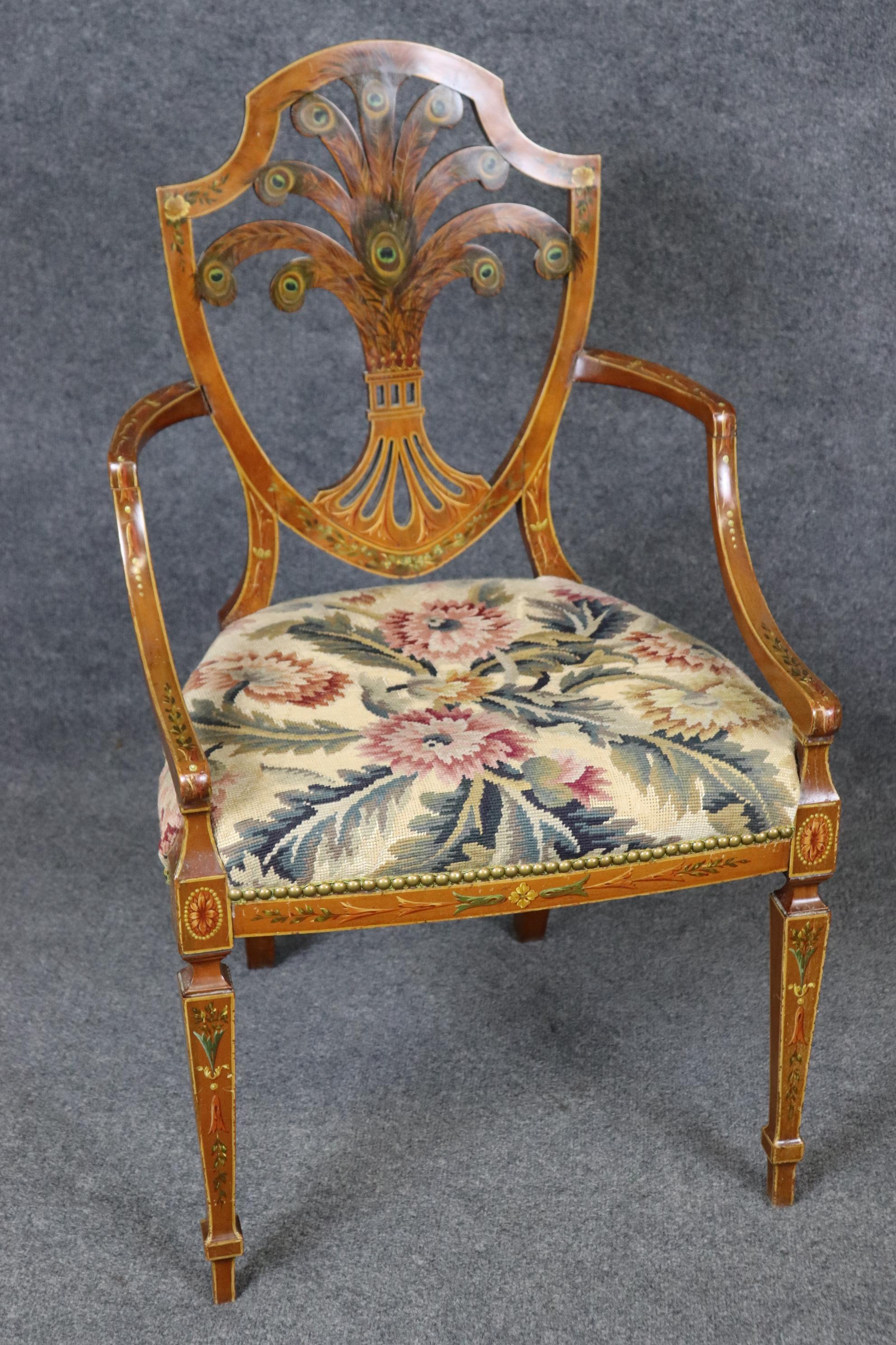 Rare Pair Adams Paint Decorated Peacock Feathers Satinwood Needlepoint Armchairs For Sale 6