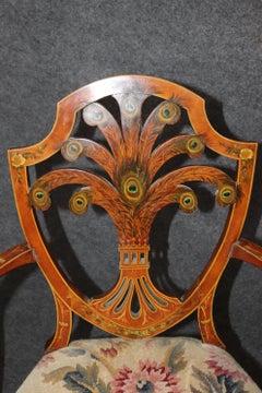 Rare Pair Adams Paint Decorated Peacock Feathers Satinwood Needlepoint Armchairs