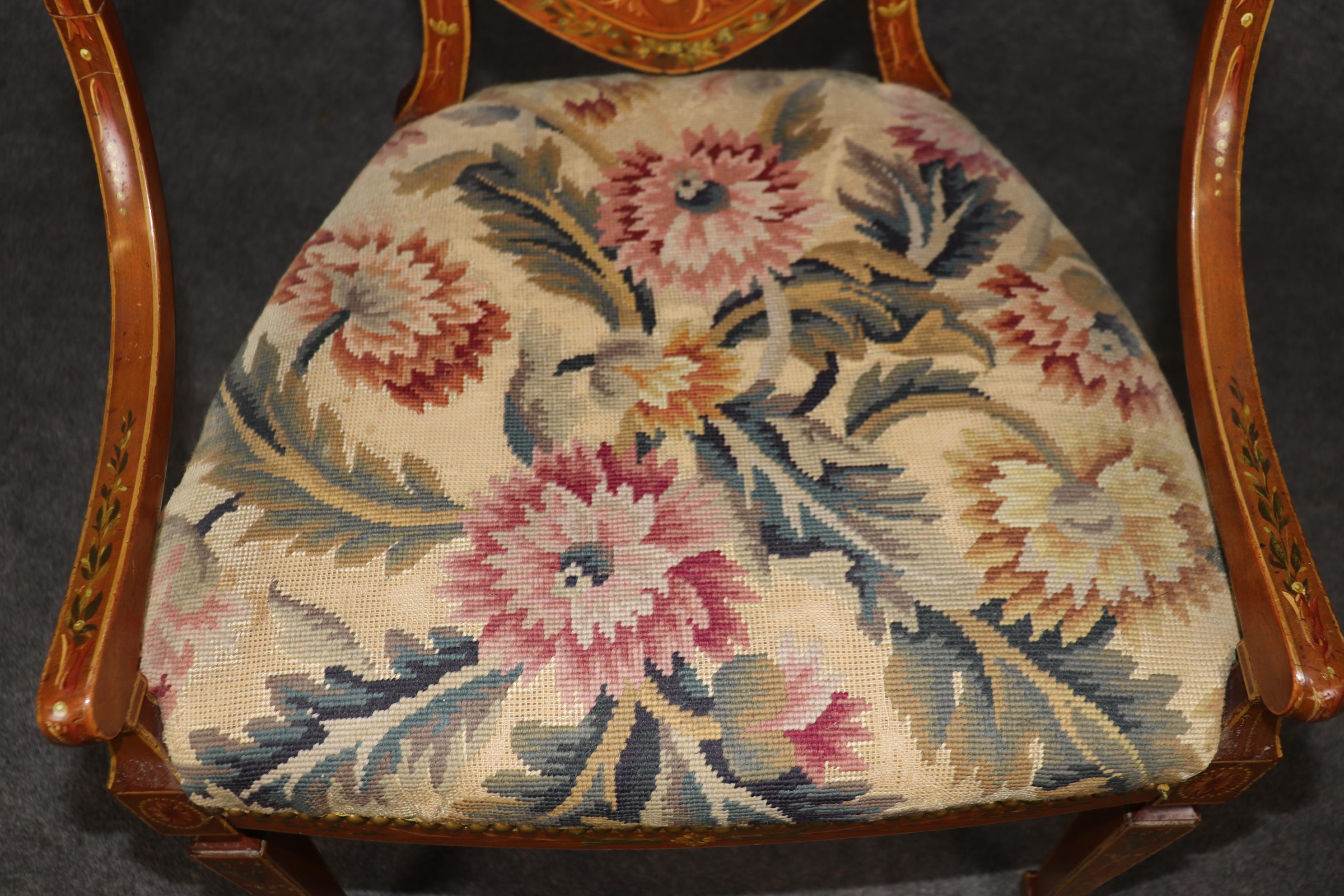Adam Style Rare Pair Adams Paint Decorated Peacock Feathers Satinwood Needlepoint Armchairs For Sale