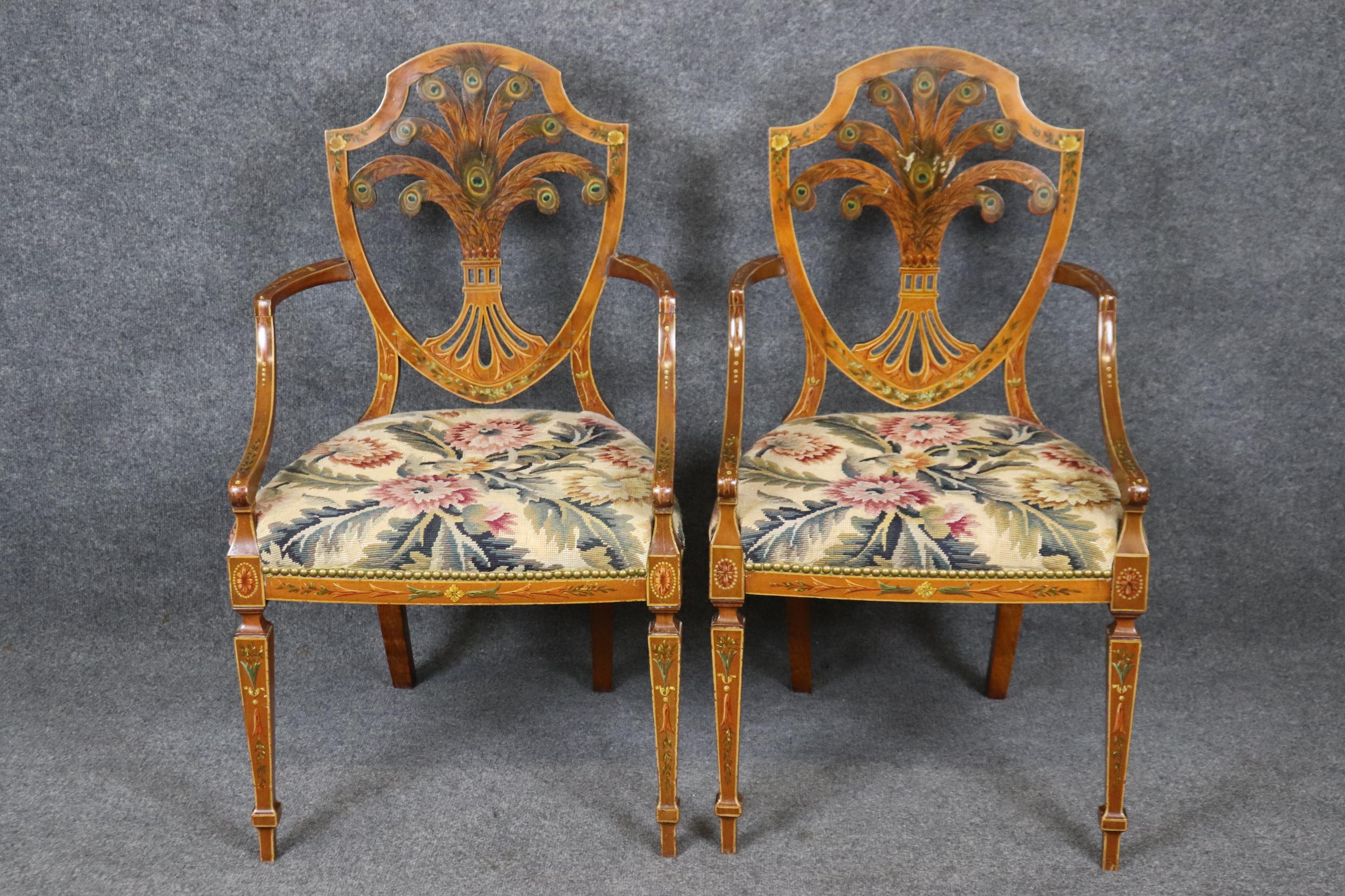Rare Pair Adams Paint Decorated Peacock Feathers Satinwood Needlepoint Armchairs In Good Condition For Sale In Swedesboro, NJ