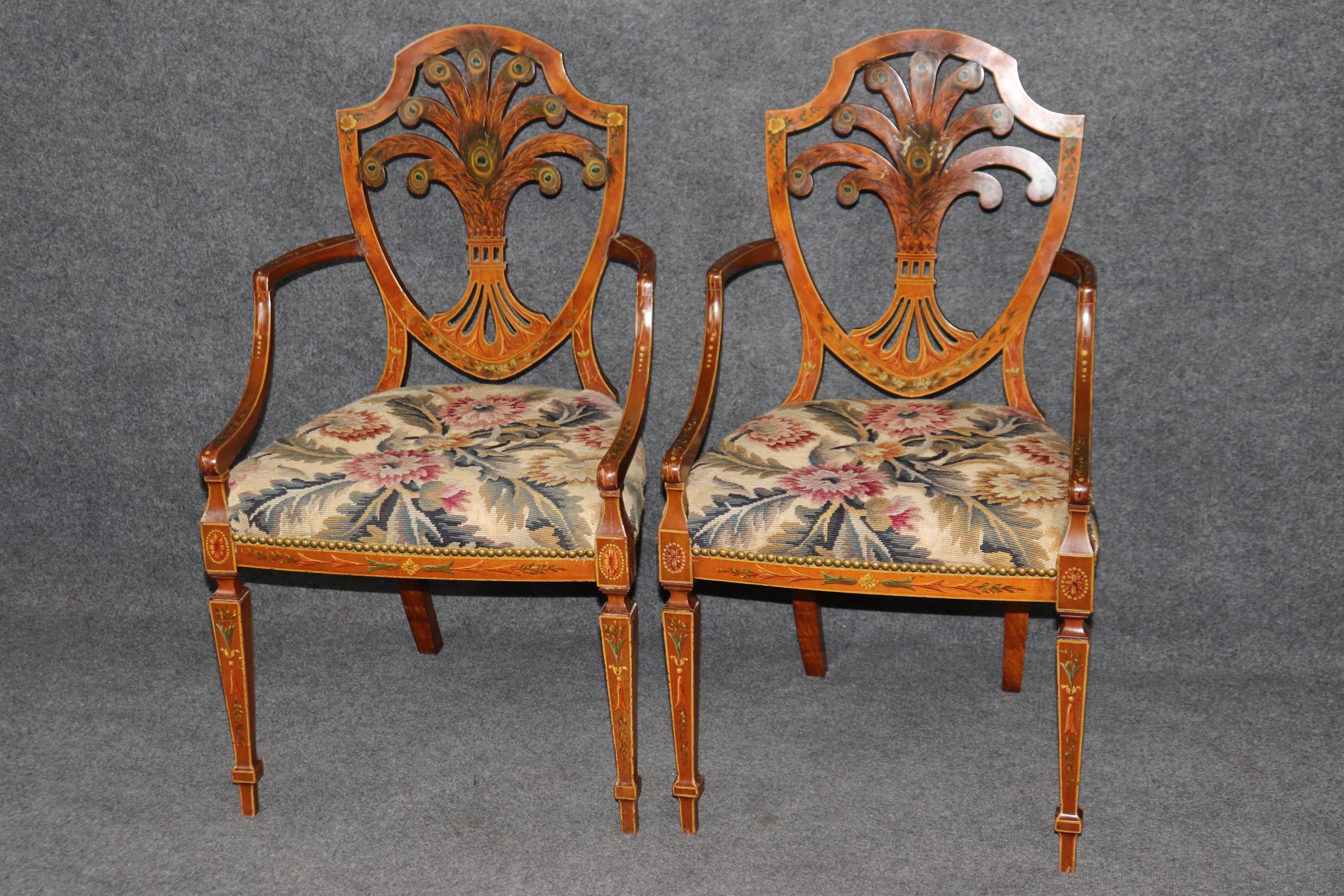 Rare Pair Adams Paint Decorated Peacock Feathers Satinwood Needlepoint Armchairs For Sale 1