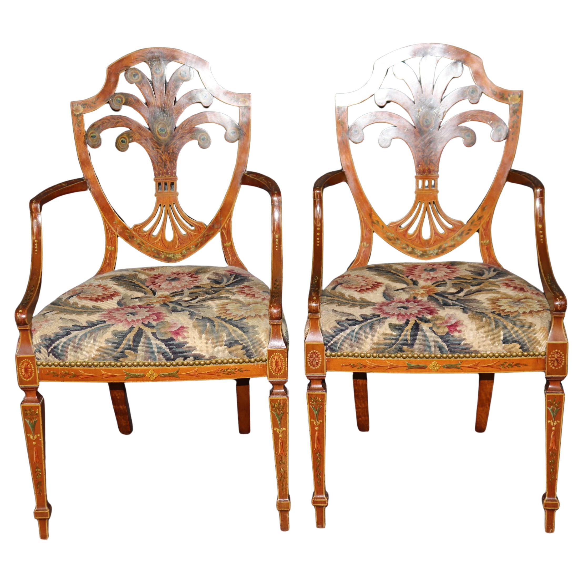 Rare Pair Adams Paint Decorated Peacock Feathers Satinwood Needlepoint Armchairs
