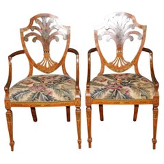 Rare Pair Adams Paint Decorated Peacock Feathers Satinwood Needlepoint Armchairs