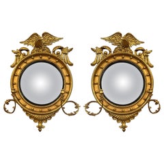 Rare Pair Antique American Federal Convex "Bullseye" Mirrors, Circa 1850-1870.