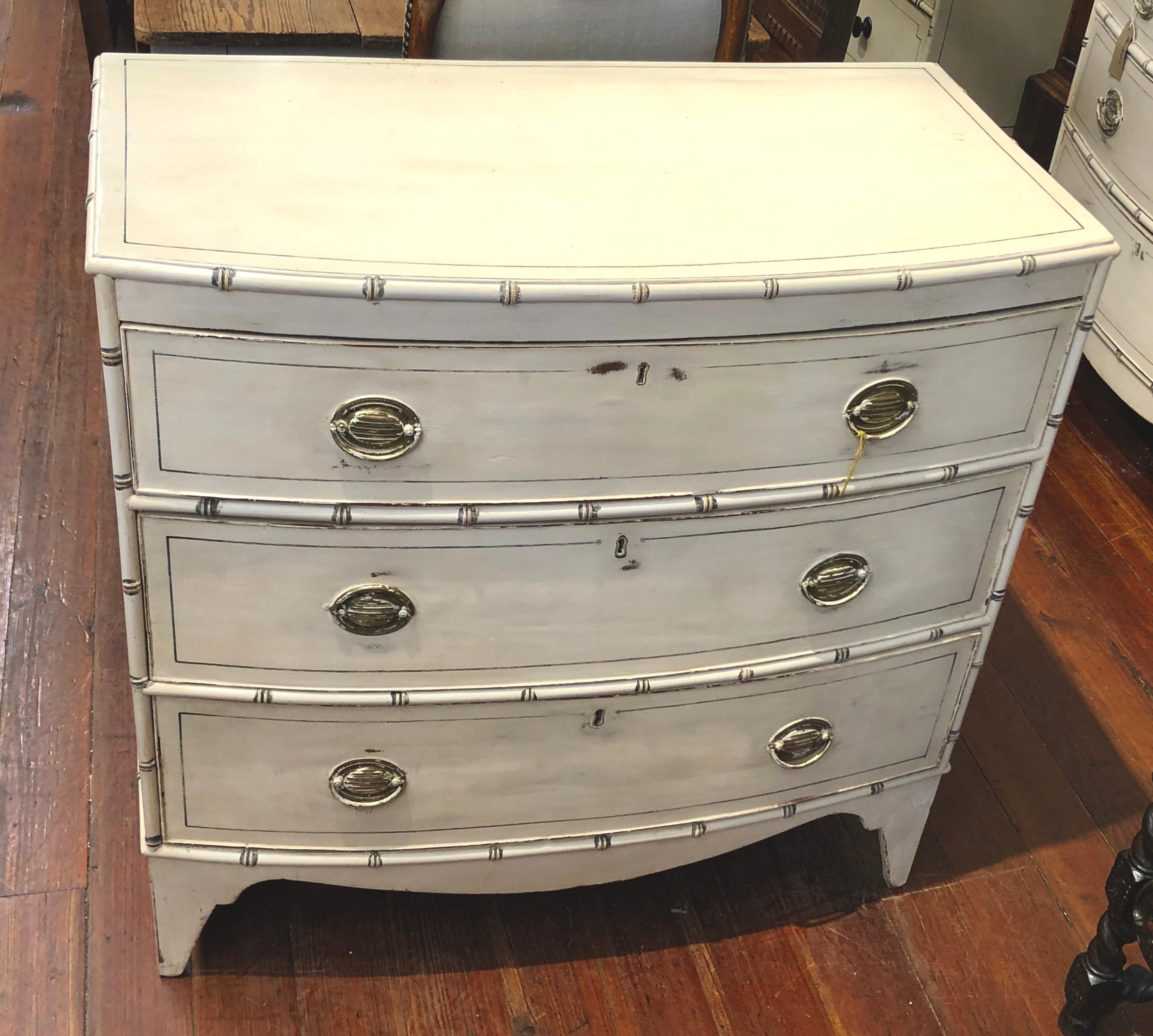 19th Century Rare Near Pair of Antique English Regency Faux Bamboo Painted Bowfront Chests