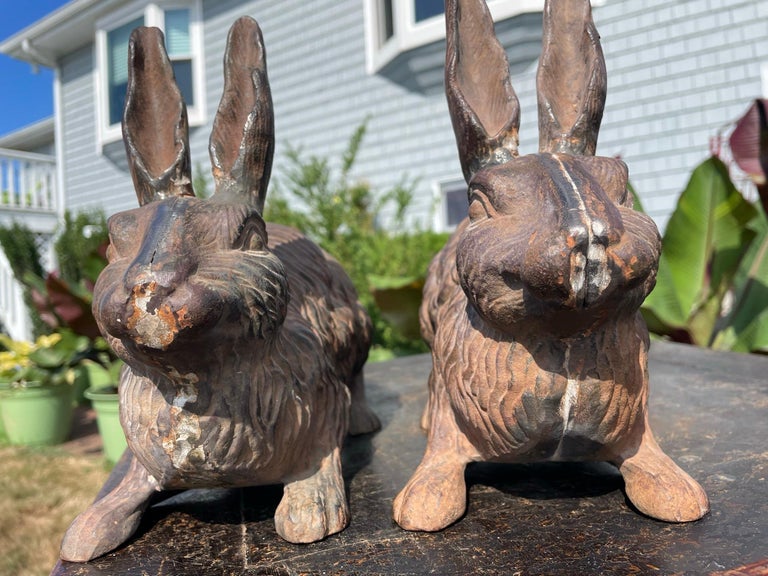 Rare Pair Antique Furry Garden Rabbits Usagi with Fine Details For Sale 3