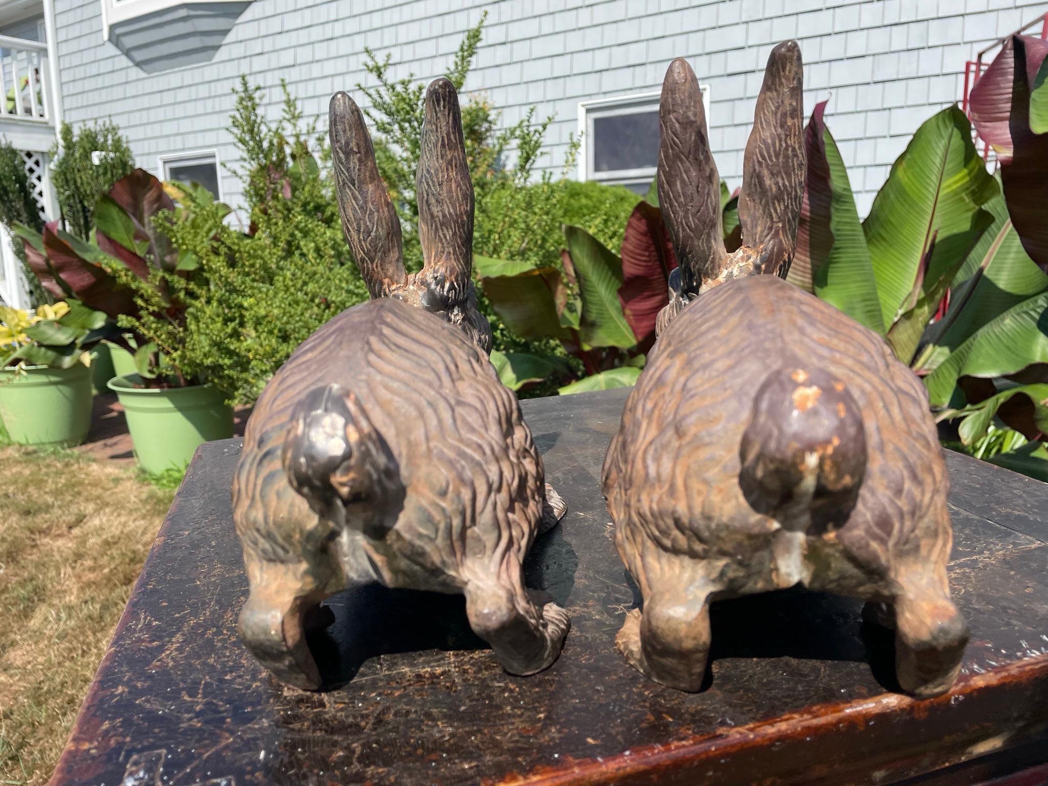 Rare Pair Antique Furry Garden Rabbits Usagi with Fine Details 3