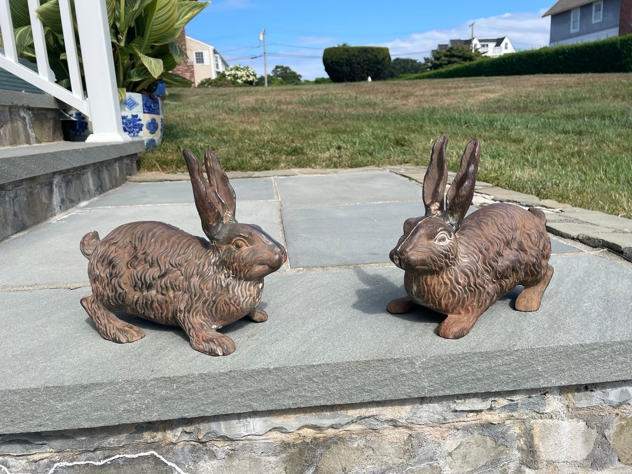 Rare Pair Antique Furry Garden Rabbits Usagi with Fine Details 5