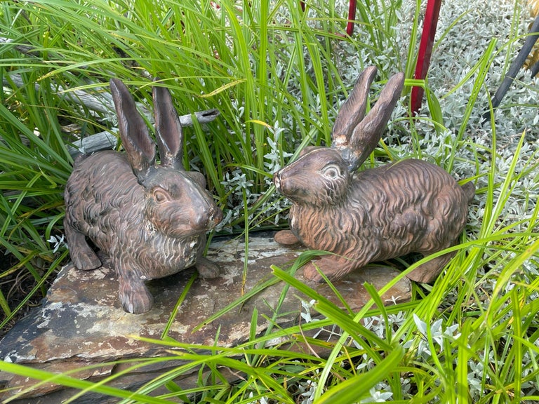 Hand-Crafted Rare Pair Antique Furry Garden Rabbits Usagi with Fine Details For Sale