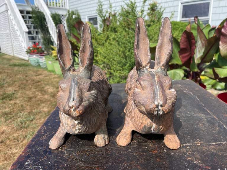Iron Rare Pair Antique Furry Garden Rabbits Usagi with Fine Details For Sale