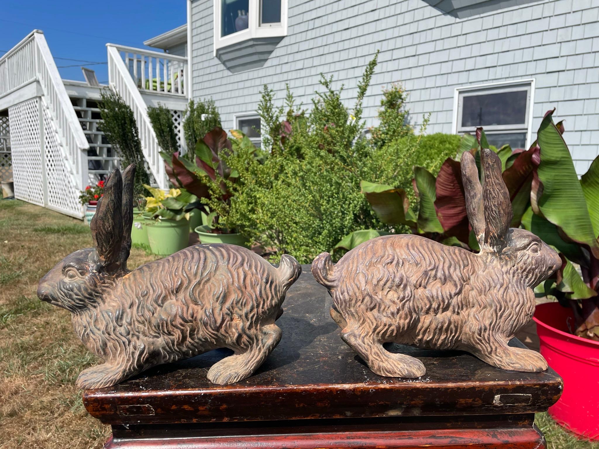 Iron Rare Pair Antique Furry Garden Rabbits Usagi with Fine Details