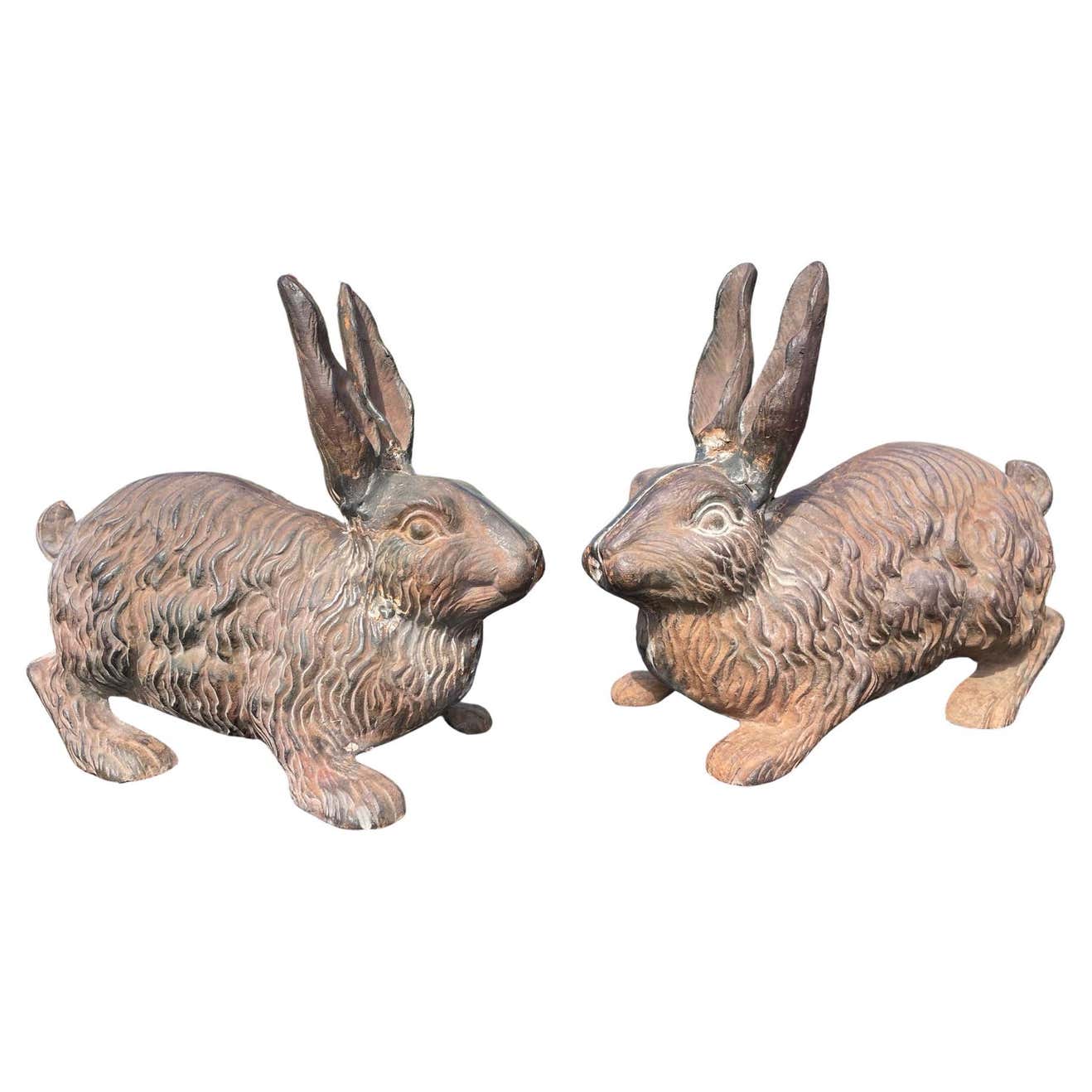 Rare Pair Antique Furry Garden Rabbits Usagi with Fine Details For Sale ...