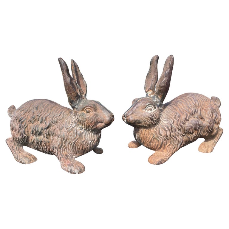 Rare Pair Antique Furry Garden Rabbits Usagi with Fine Details For Sale