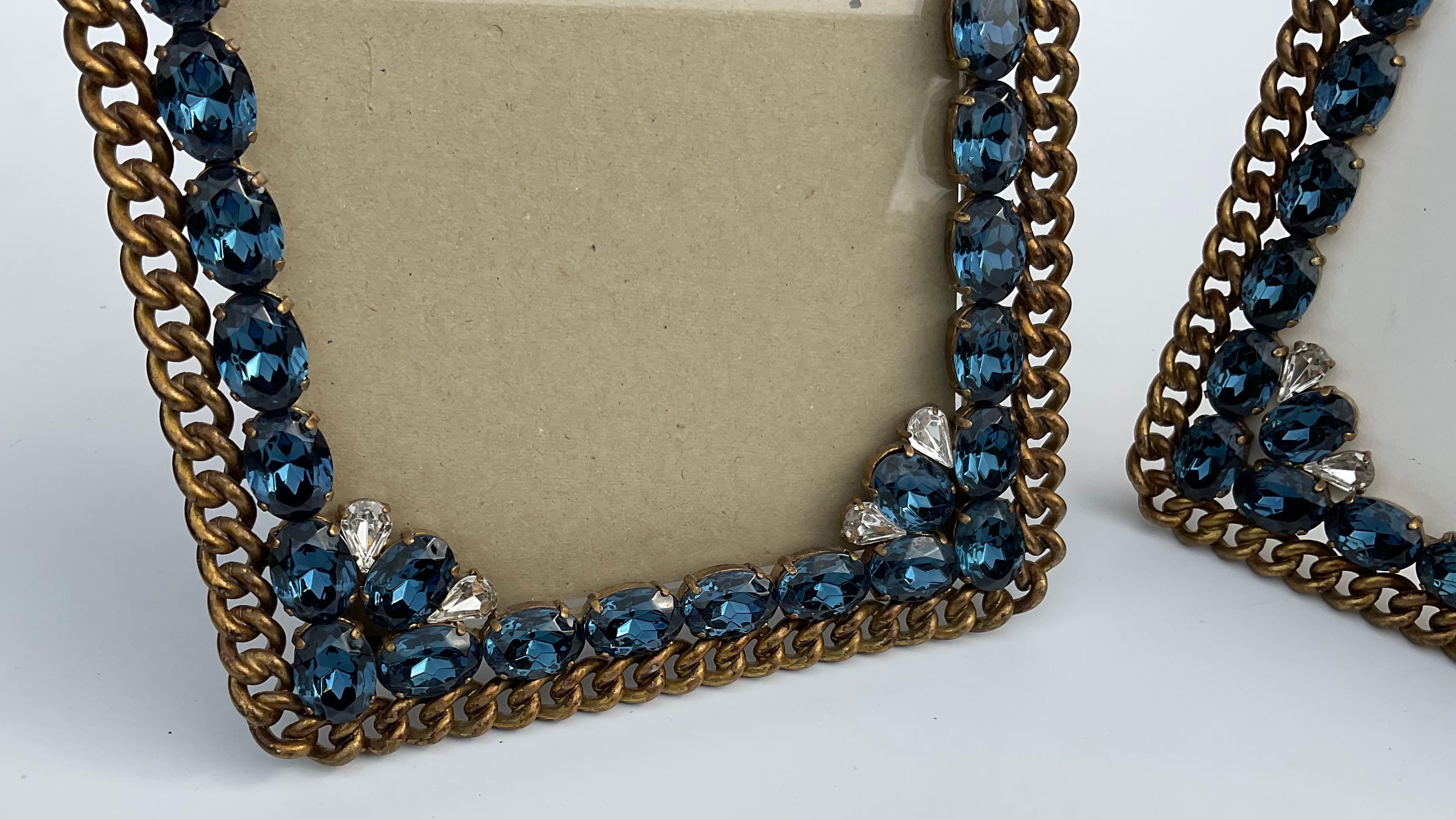 Metal Rare Pair Art Deco Jeweled Wedding Ring Picture Frames with Large Stones Czech  For Sale