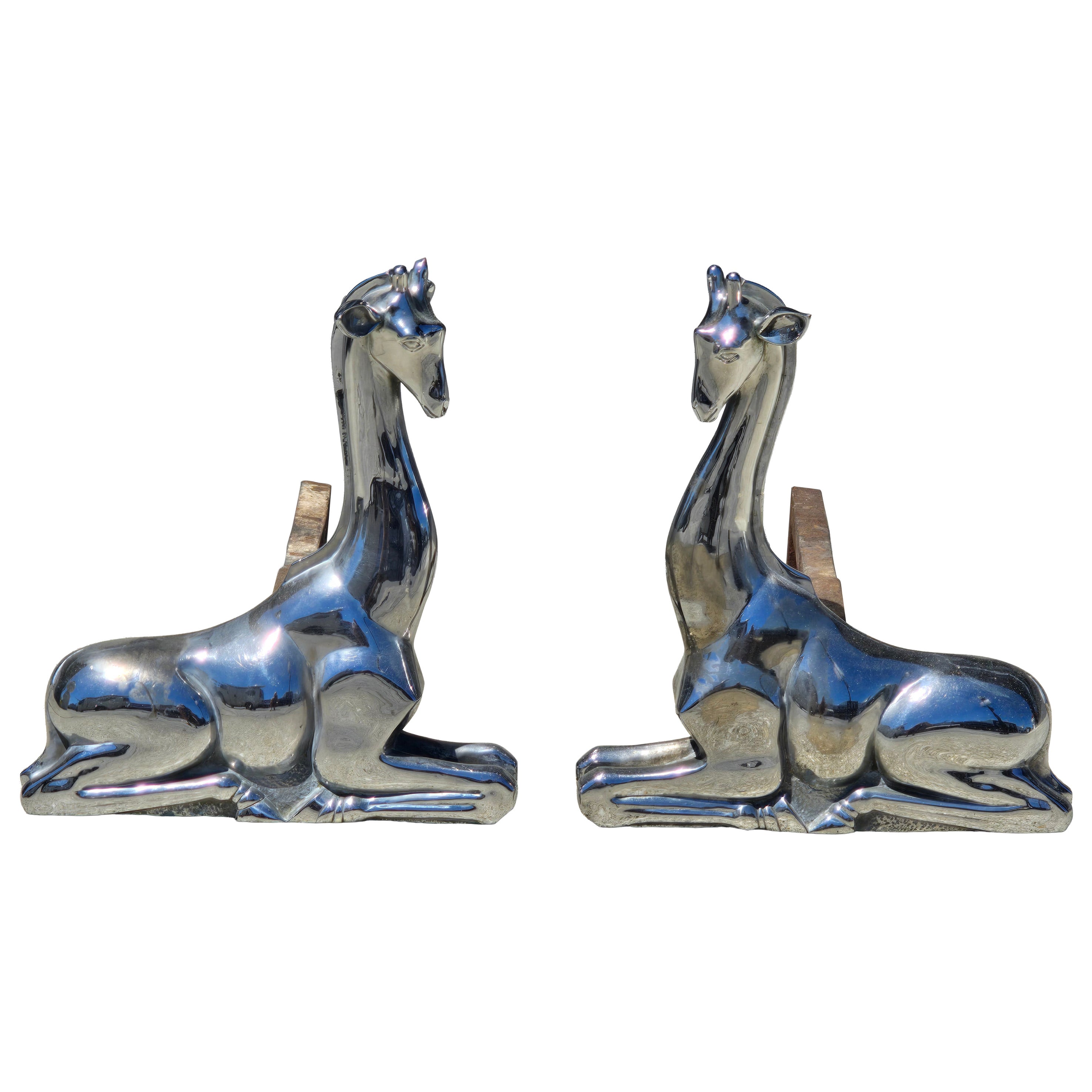 Rare Pair Art Deco Nickel-Plated Bronze Giraffe Andirons For Sale