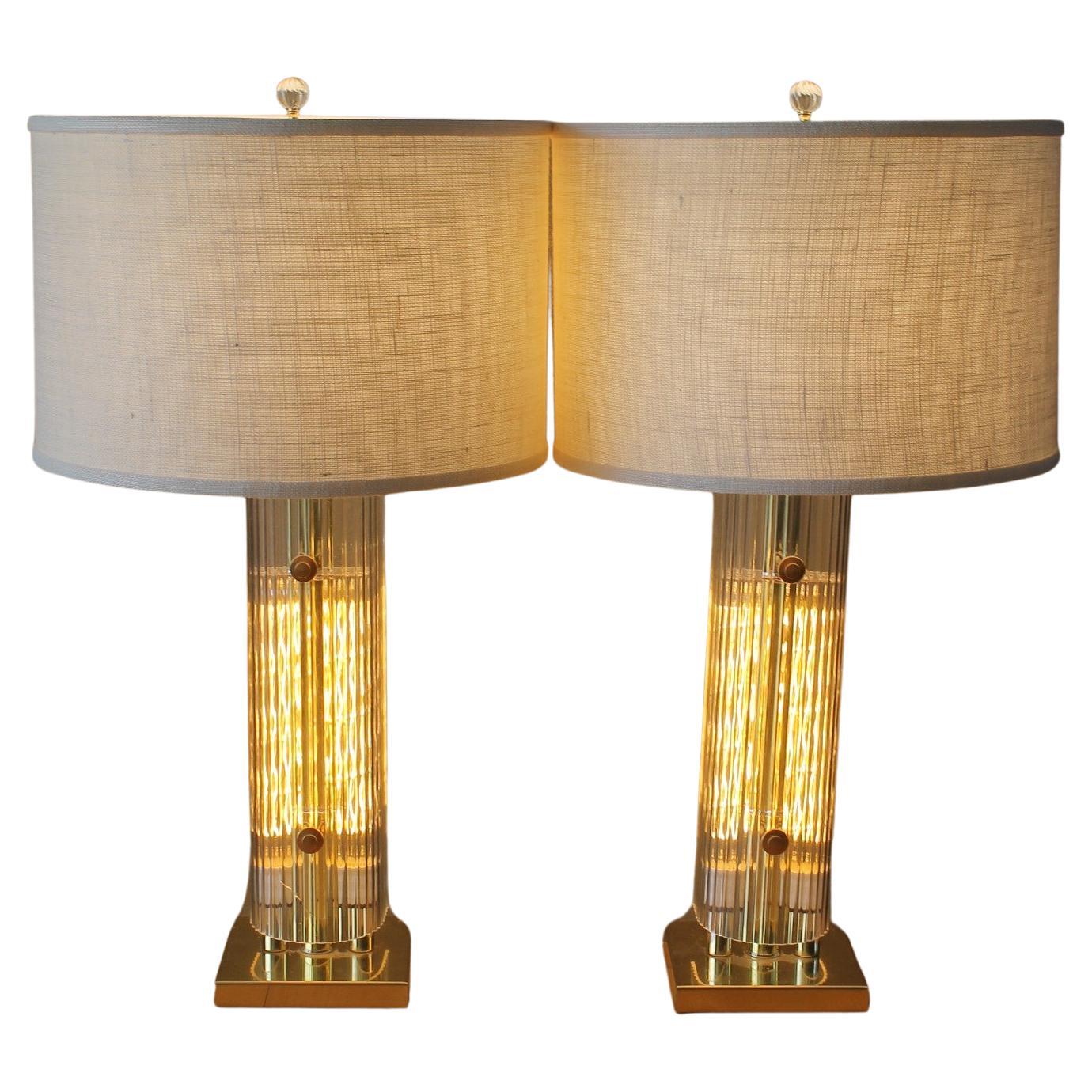 Rare Pair! Art Deco Revival Lucite 3 Way Light up Base 1970s Decorator Lamps! For Sale