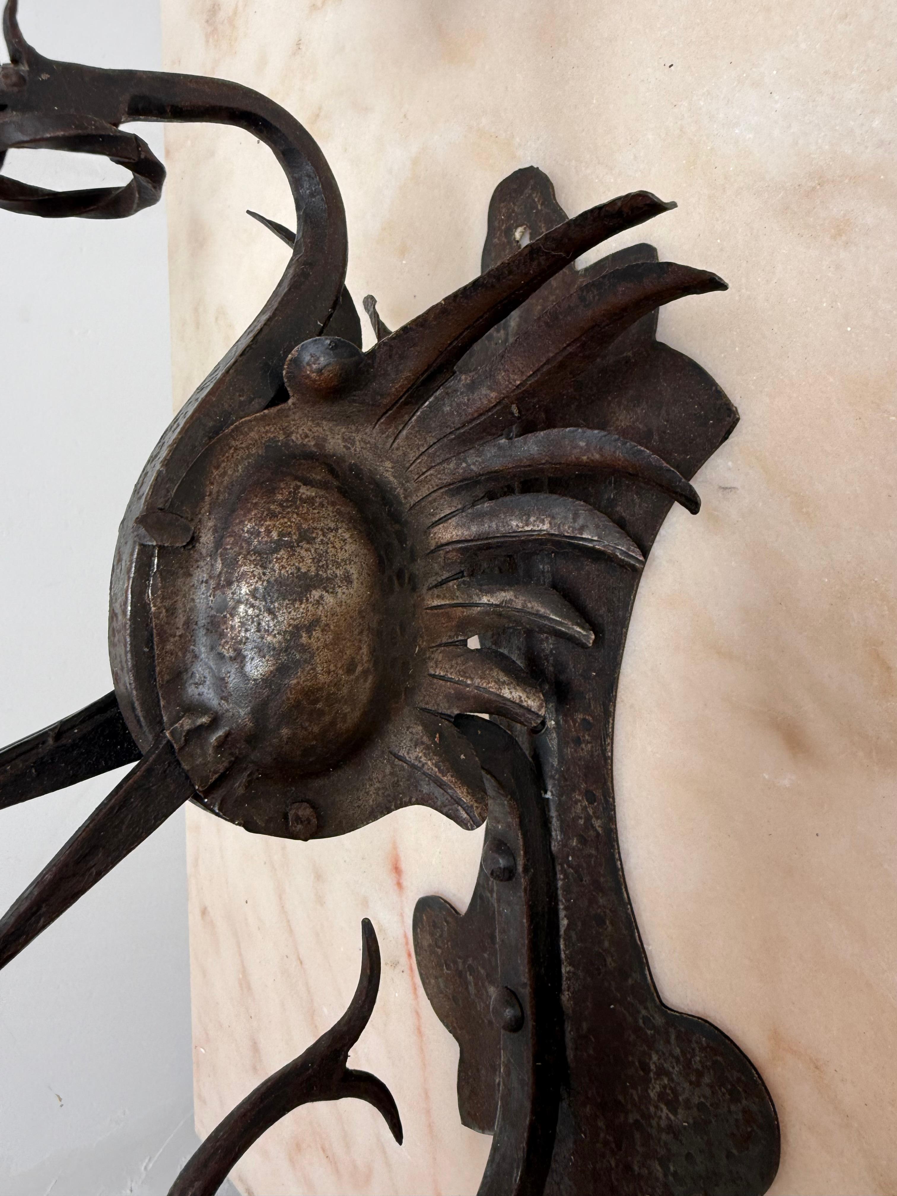 Rare Pair Artistic Design Hand Crafted Wrought Iron Dragon Wall Sconce Light in vendita 2