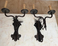 Rare Pair Artistic Design Hand Crafted Wrought Iron Dragon Wall Sconce Light