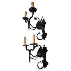 Rare Pair Artistic Design Hand Crafted Wrought Iron Dragon Wall Sconce Light