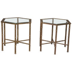 Rare Pair Bagues Attributed Hexagonal Faux Bamboo End Occasional Tables