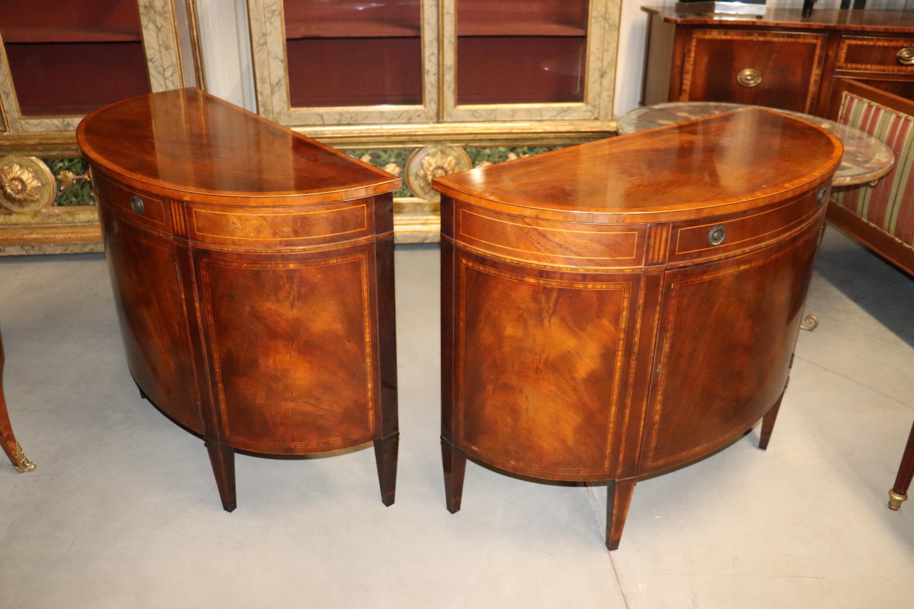 Sheraton Rare Pair Baker Flame Mahogany Demilune Buffets Servers Commodes, Circa 1950