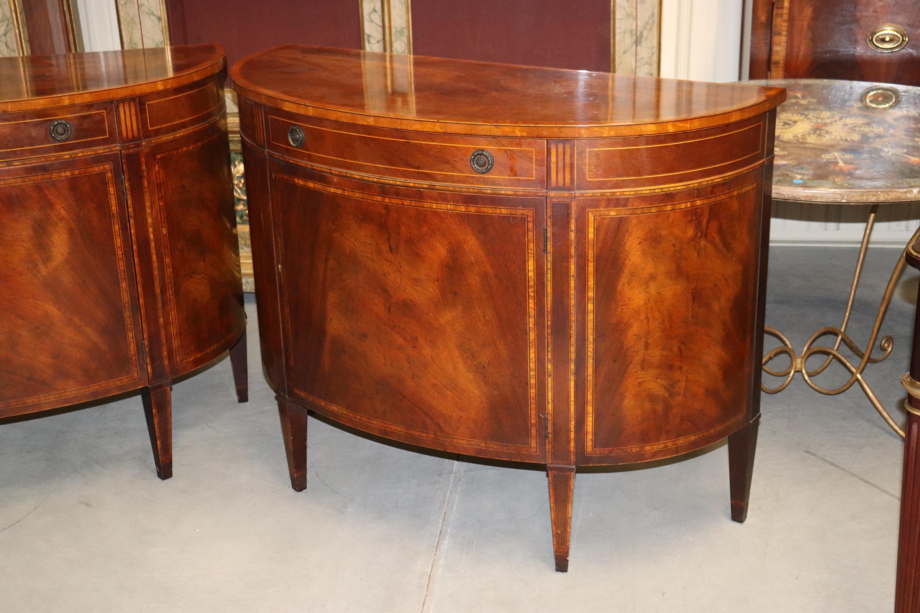 Rare Pair Baker Flame Mahogany Demilune Buffets Servers Commodes, Circa 1950 In Good Condition In Swedesboro, NJ