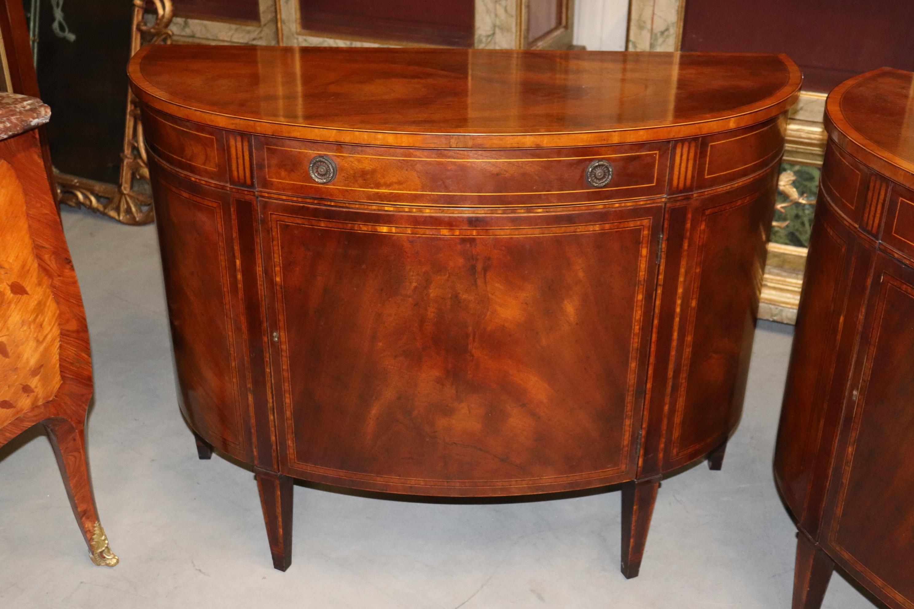 Rare Pair Baker Flame Mahogany Demilune Buffets Servers Commodes, Circa 1950 1