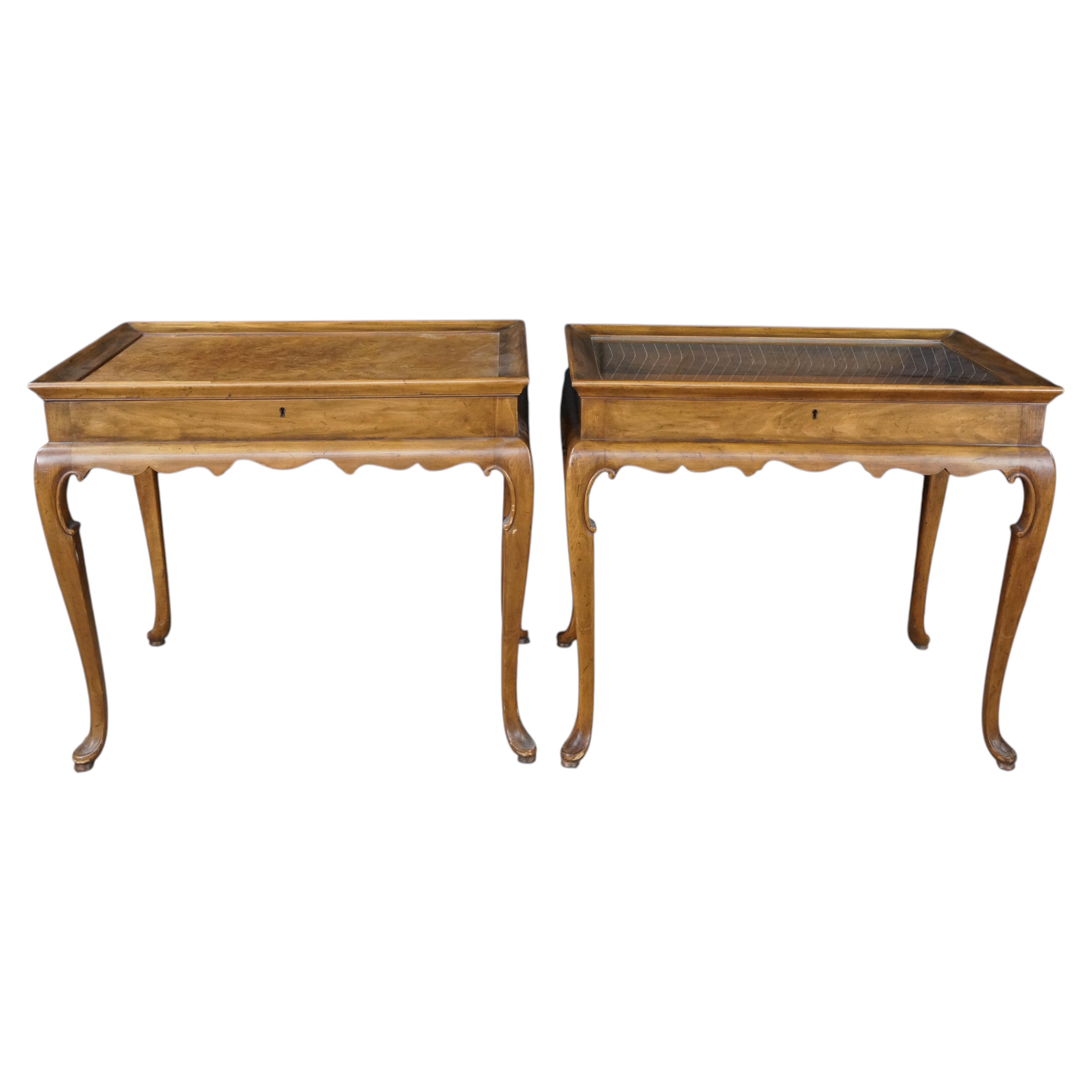 Rare Pair Baker Furniture Queen Anne Walnut Burl Vitrine Display Accent Tables For Sale