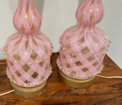 Rare Pair Barovier and Toso Murano Pair Lamps in Pink and Gold Ercole Barovier