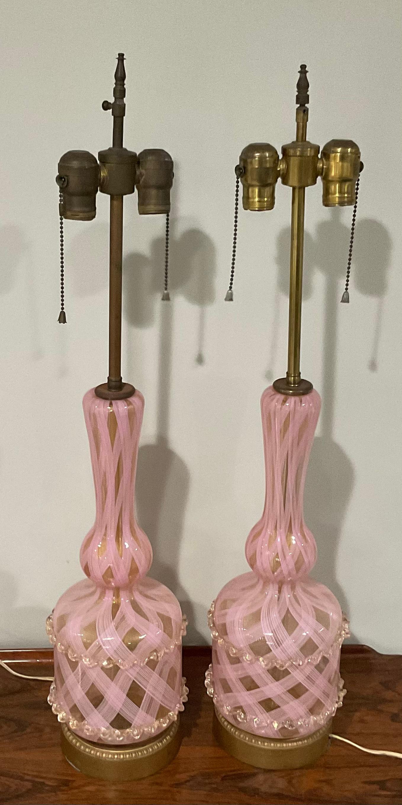 Mid-Century Modern Rare Pair Barovier and Toso Murano Pair Lamps in Pink and Gold Ercole Barovier For Sale