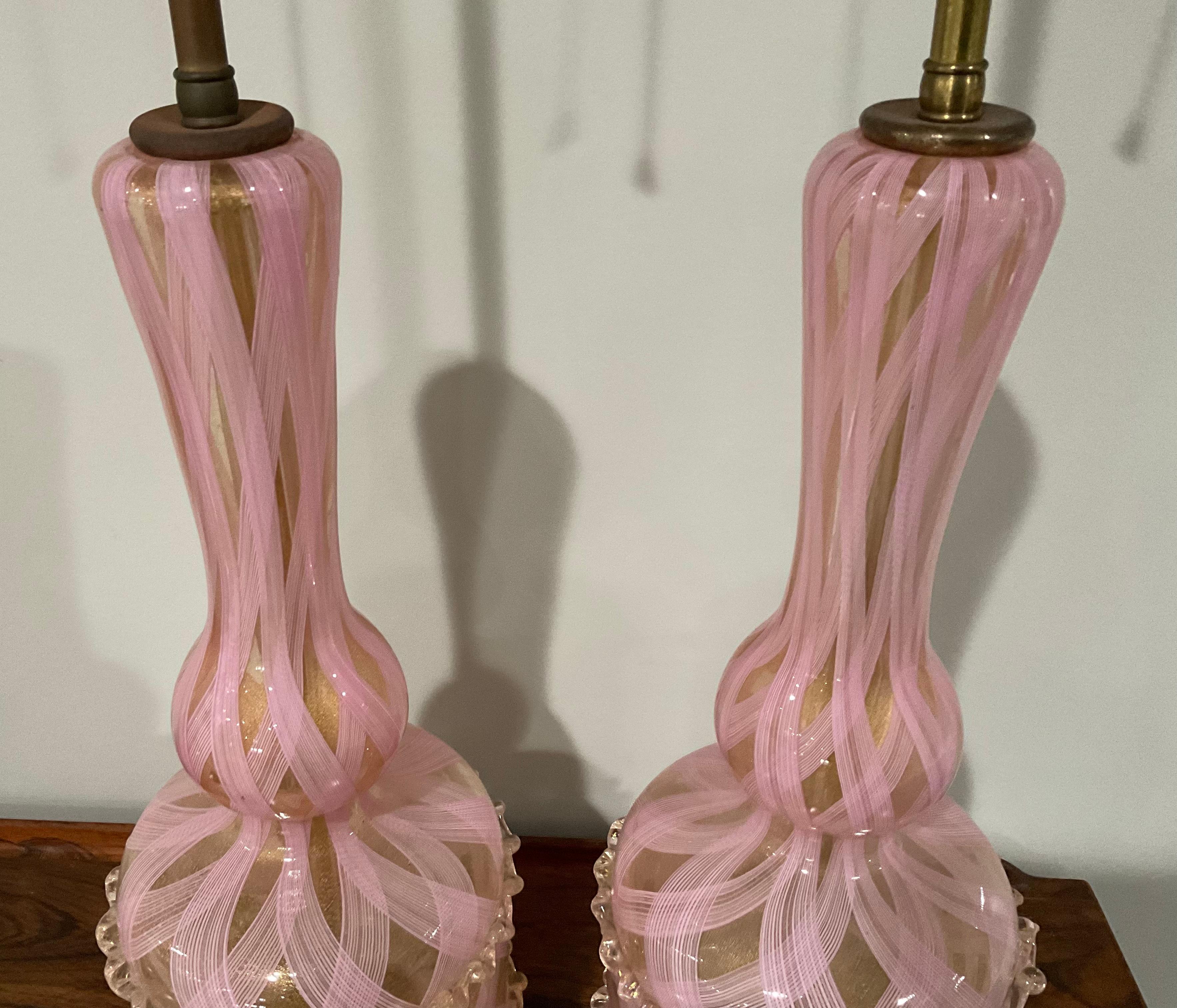 Italian Rare Pair Barovier and Toso Murano Pair Lamps in Pink and Gold Ercole Barovier For Sale