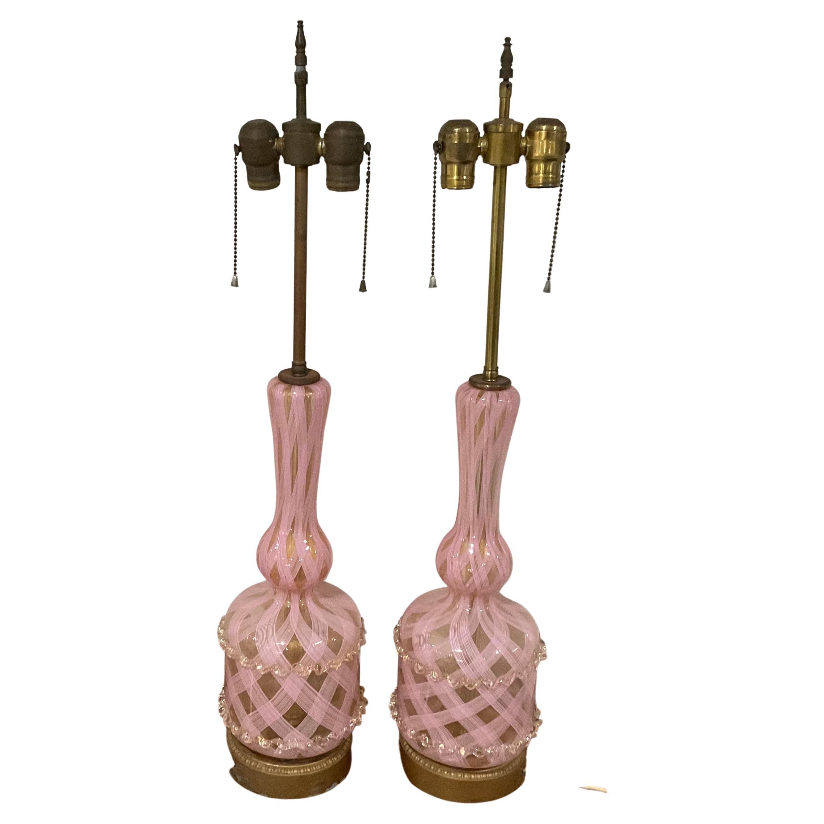 Rare Pair Barovier and Toso Murano Pair Lamps in Pink and Gold Ercole Barovier For Sale