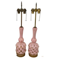 Rare Pair Barovier and Toso Murano Pair Lamps in Pink and Gold Ercole Barovier