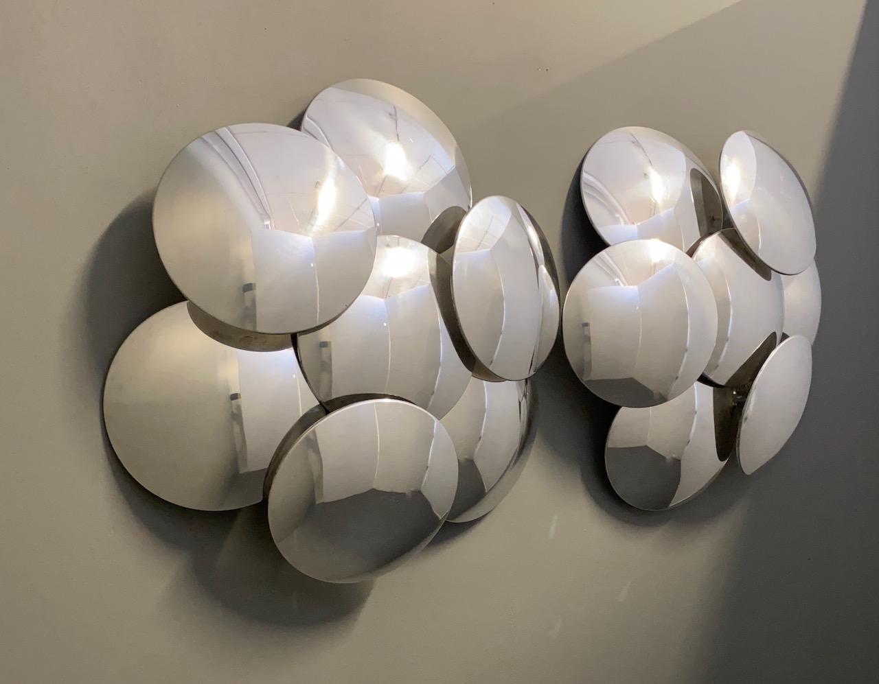 Rare Pair Big Reggiani Seven Convex Disc Wall Sconce, 1970s, Italy, Whit Label For Sale 6