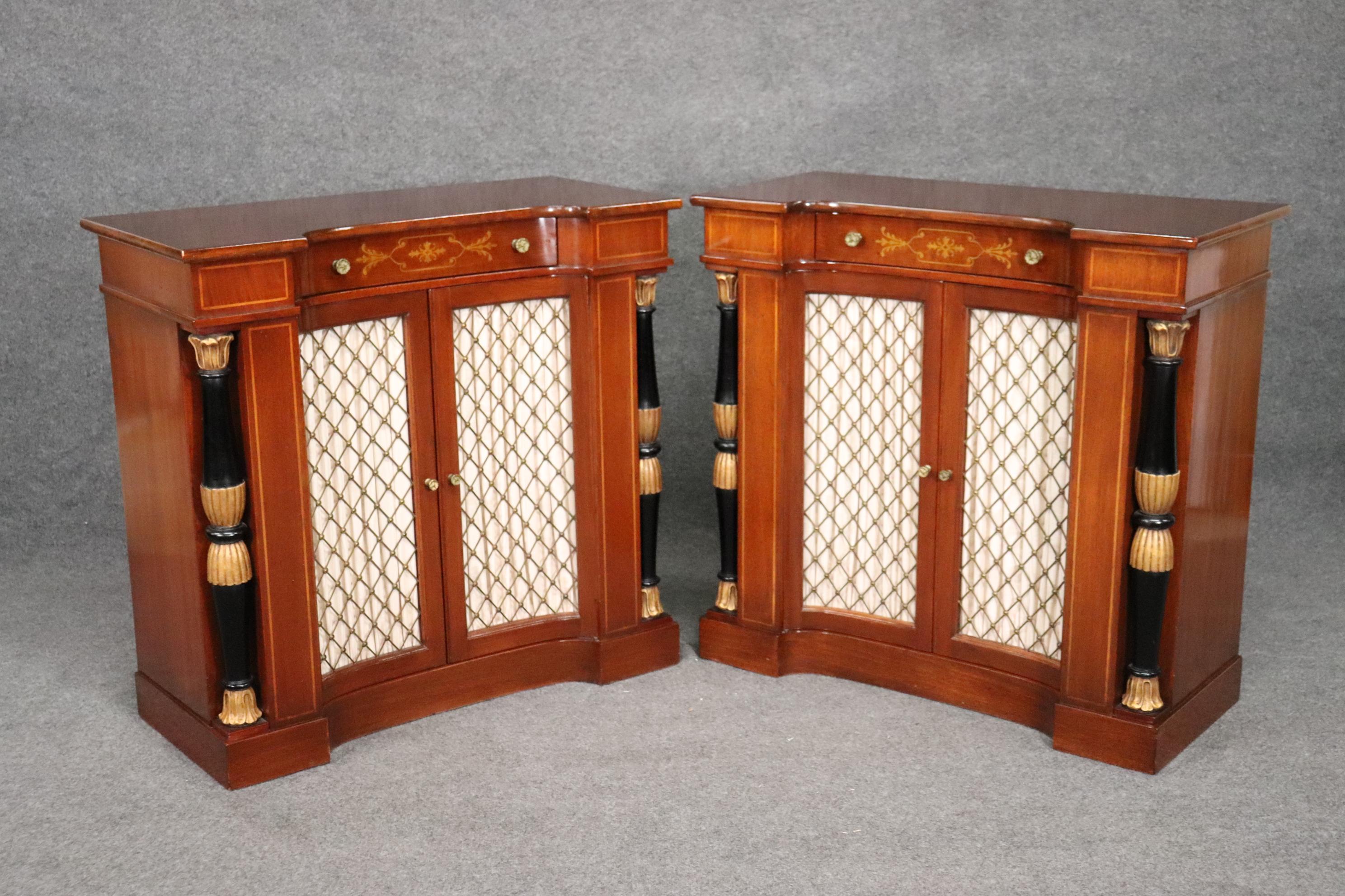 This is a beautiful pair of brass inlaid English Regency mahogany foyer cabinets. They measure 37 tall x 17 deep x 36 tall. They are in good condition with minor age related wear and signs of use.