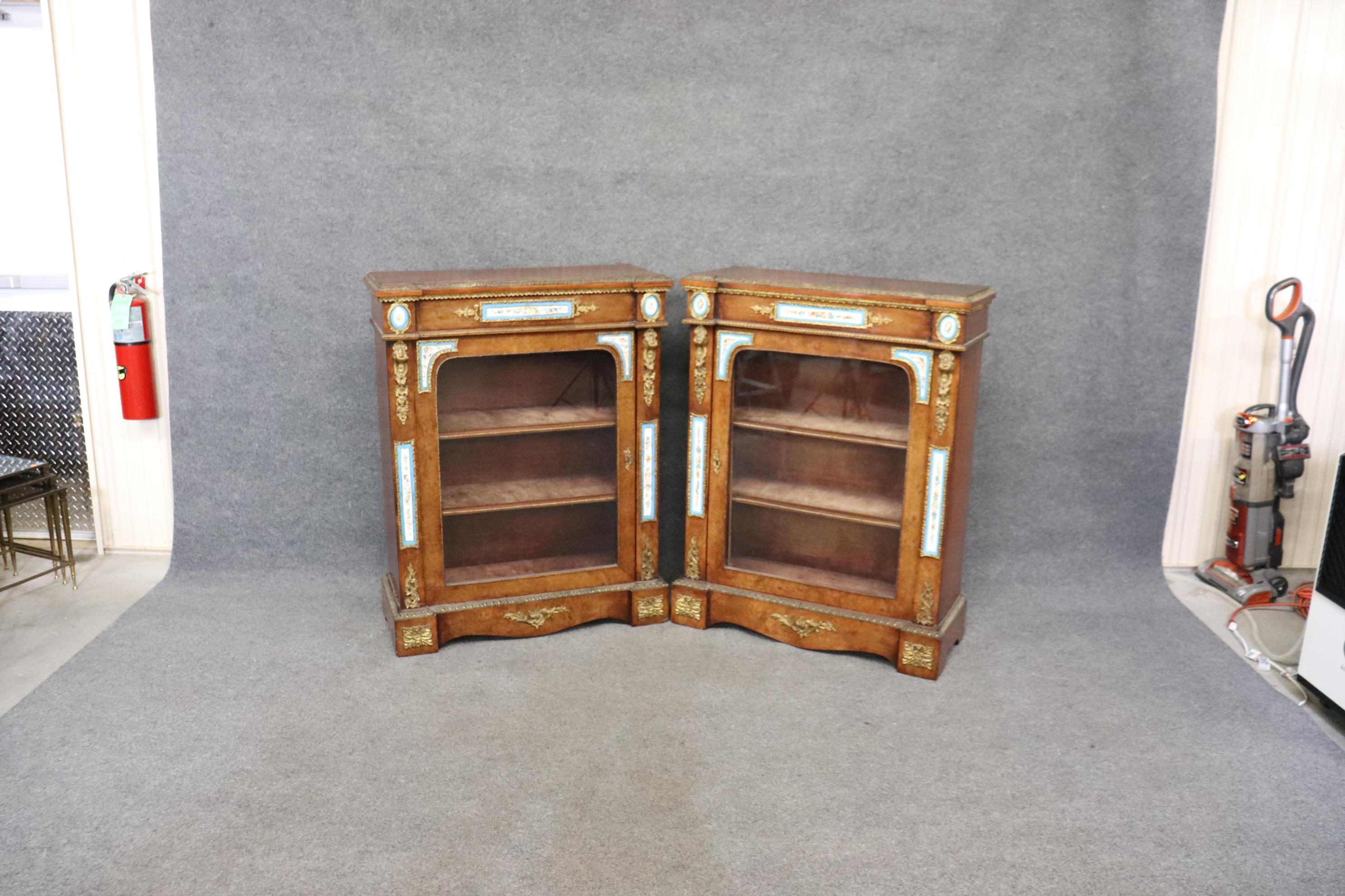 Late 19th Century Rare Pair Burled Walnut and Porcelain Plaques and Bronze Ormolu For Sale